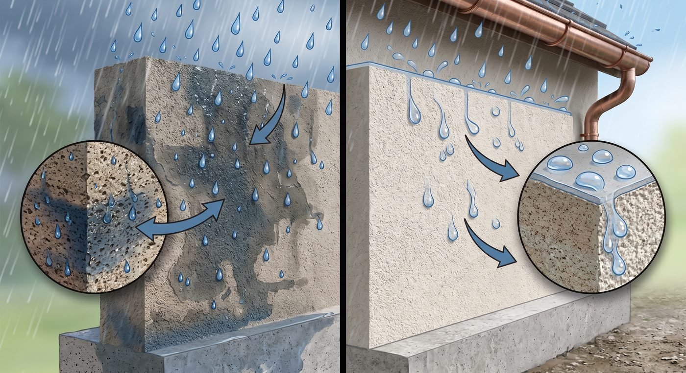 Schéma comparatif façade non traitée et façade avec traitement hydrofuge