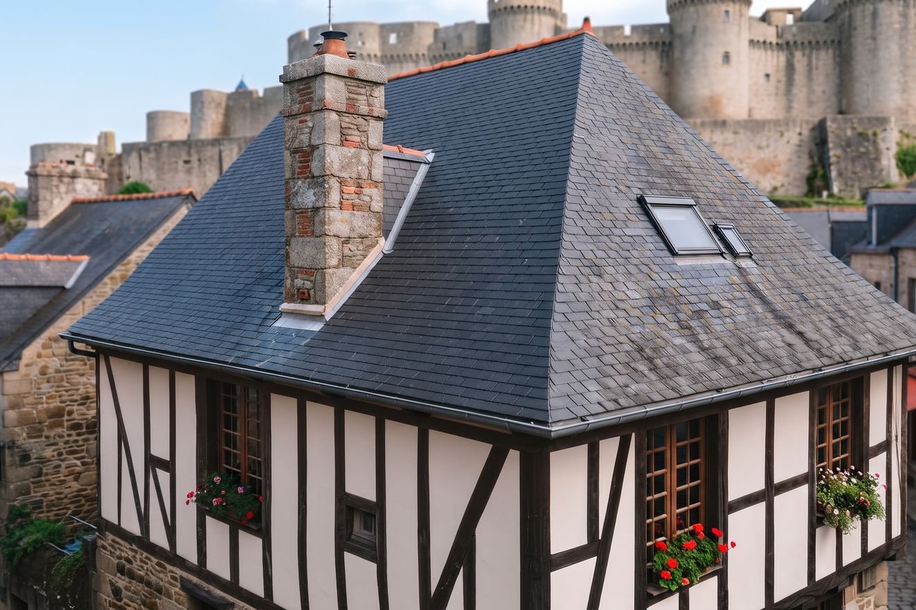 Toiture en ardoise propre après nettoyage à Fougères (image d'illustration)