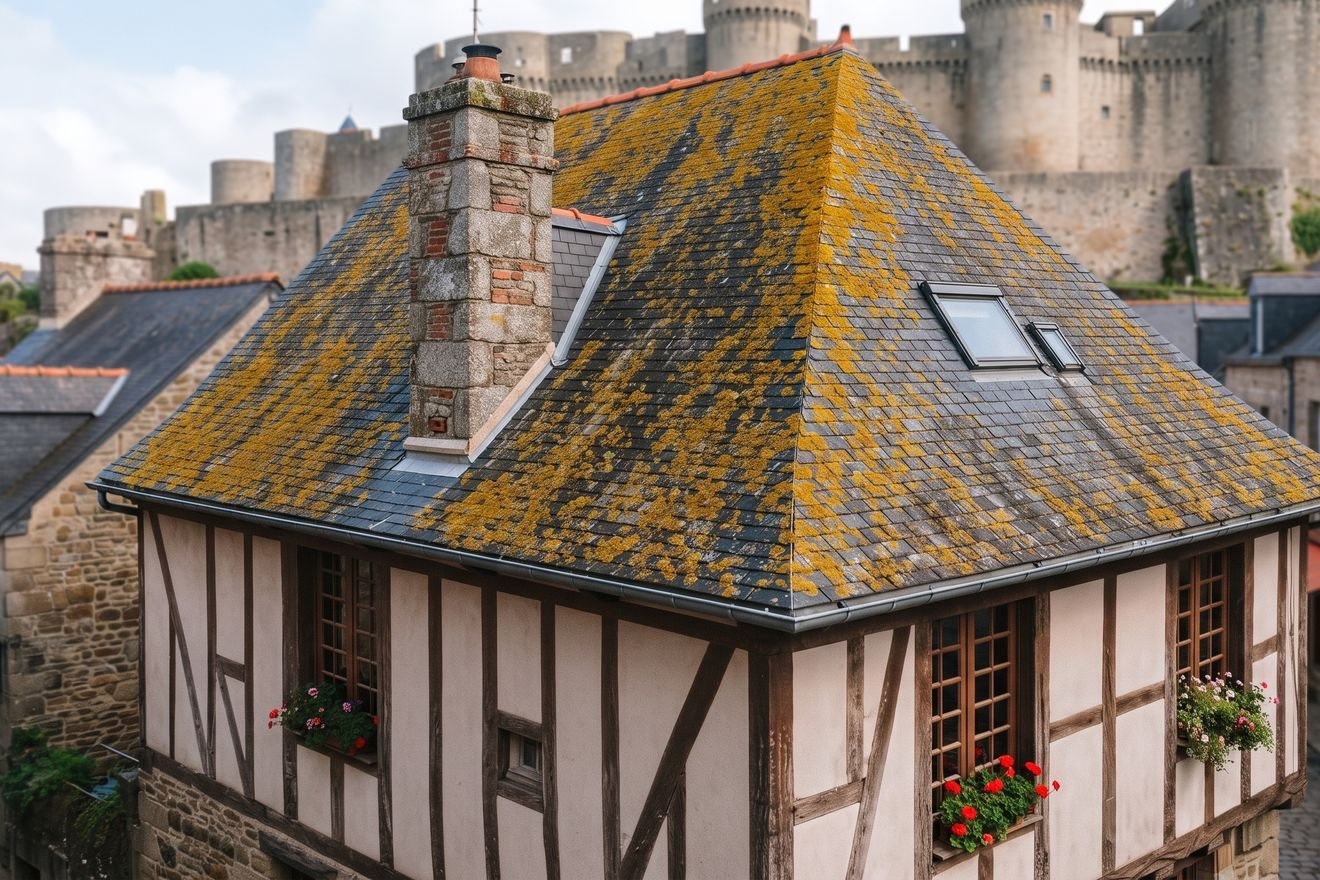 Toiture en ardoise couverte de mousse et de lichen à Fougères (image d'illustration)