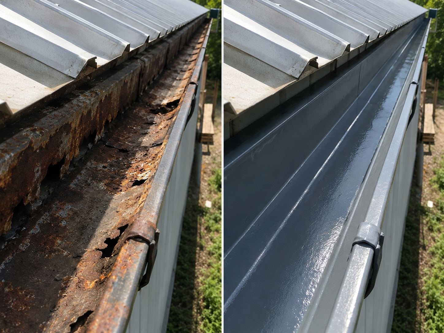 Rénovation et traitement de gouttière et chéneaux avant/après
