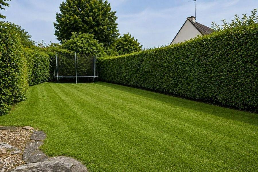 Pelouse tondue et jardin entretenu après intervention STEED Solutions Extérieures