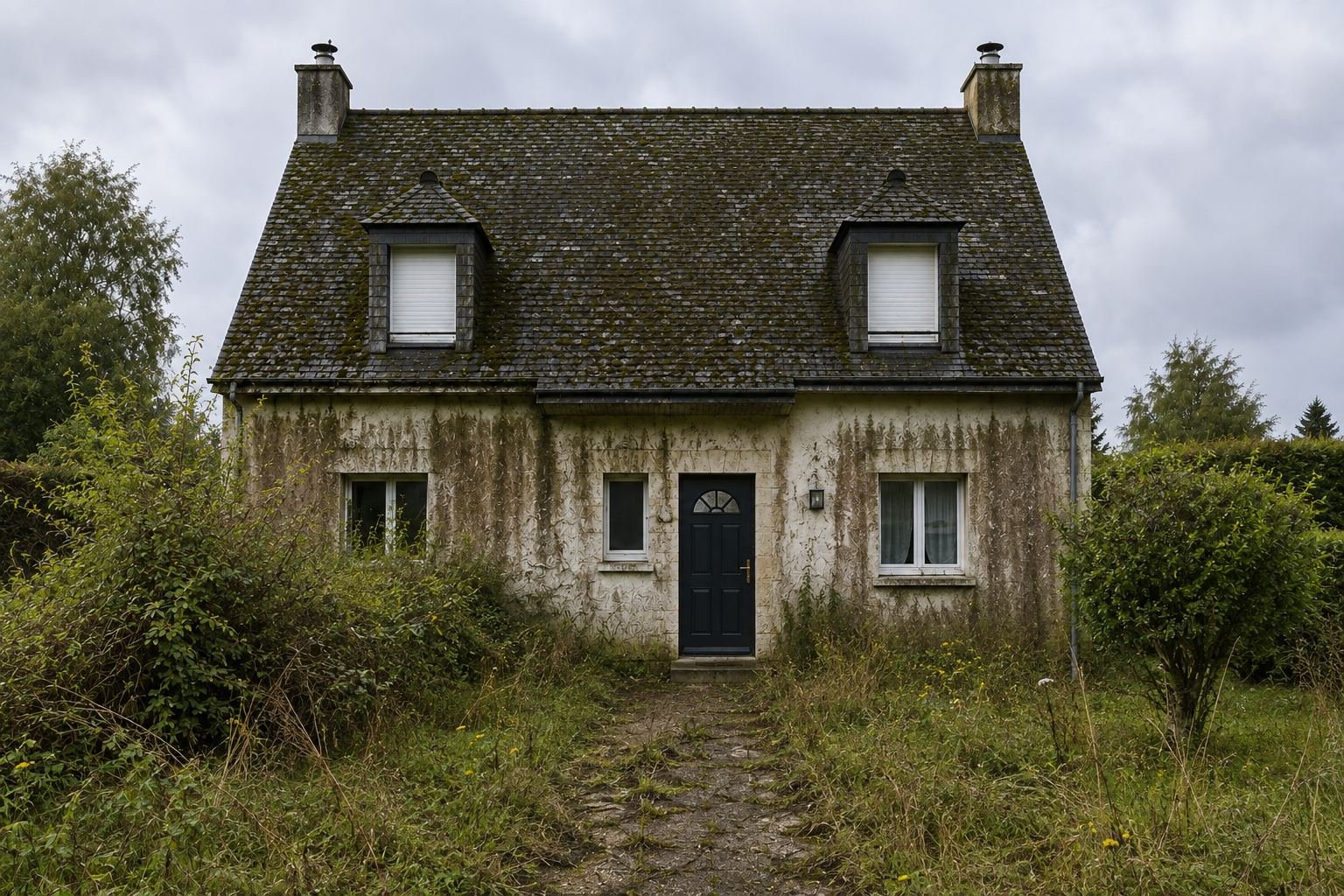Maison avec toiture et façade envahies par la mousse avant intervention