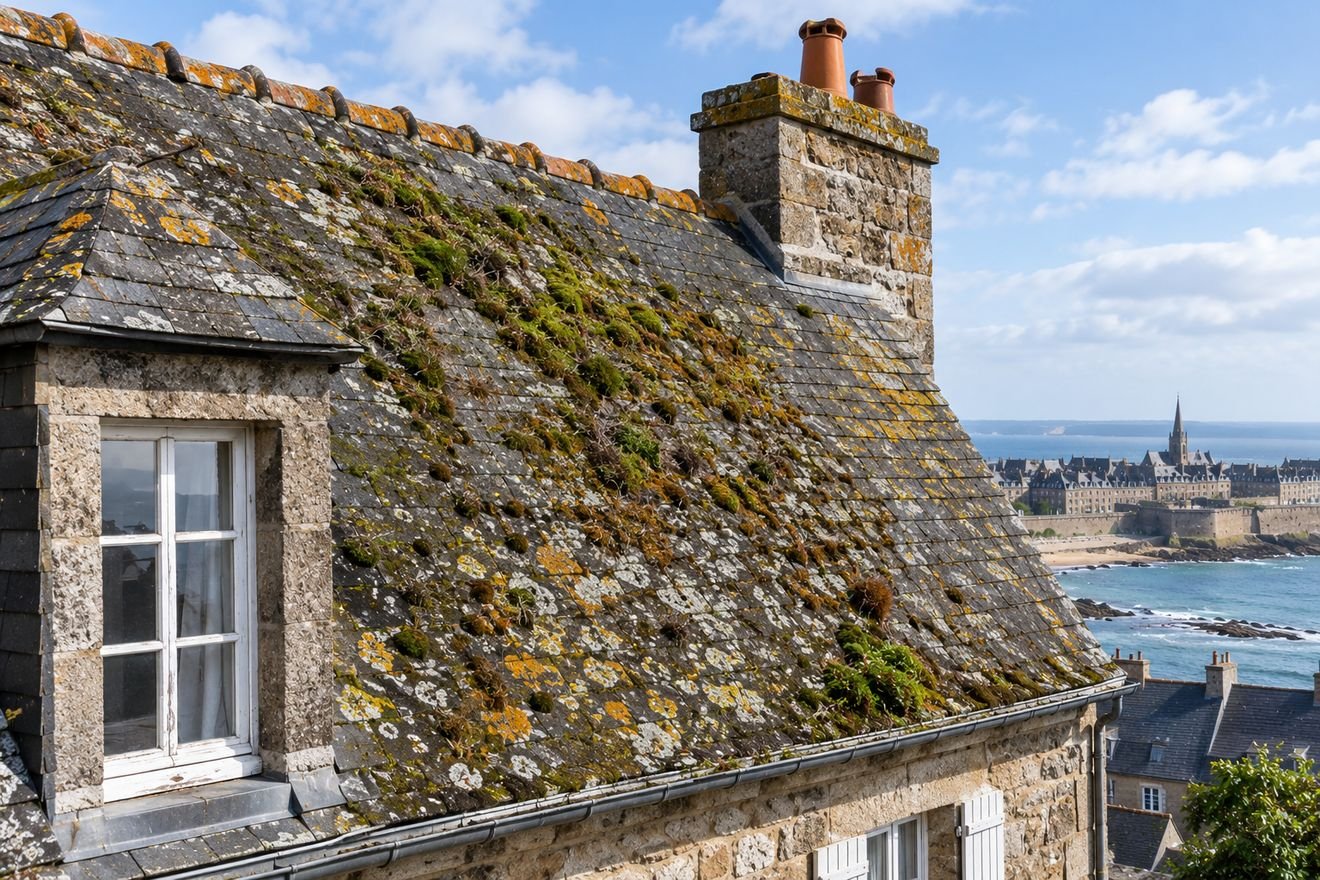 Toiture en ardoise couverte de mousse et de lichen à Saint-Malo (image d'illustration)